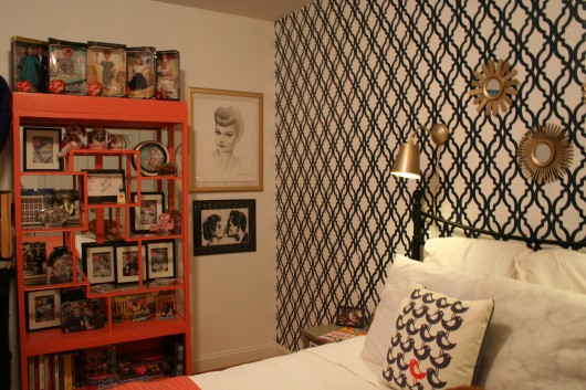 A DIY stenciled accent wall in a bedroom using the Tamara Trellis Allover pattern. http://www.cuttingedgestencils.com/tamara-trellis-allover-wall-stencils.html