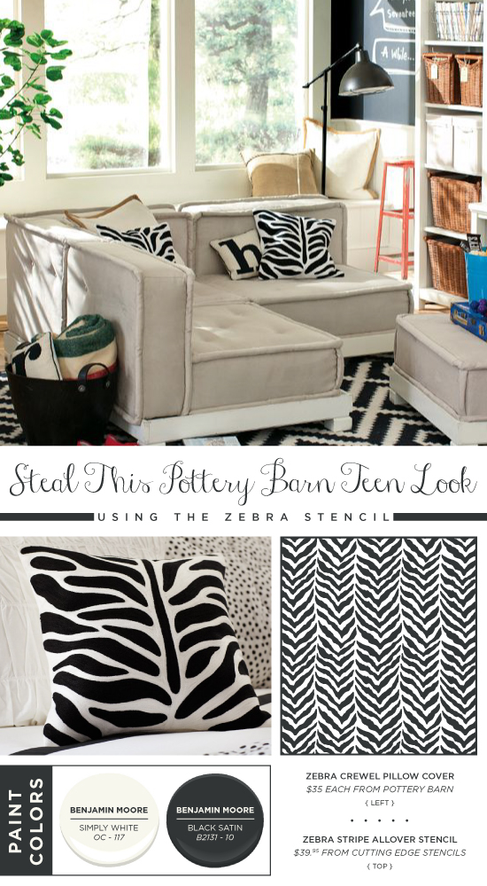 Use the Zebra Allover stencil to recreate this Pottery Barn Teen pillow cover. http://www.cuttingedgestencils.com/zebra-stencil-pattern.html