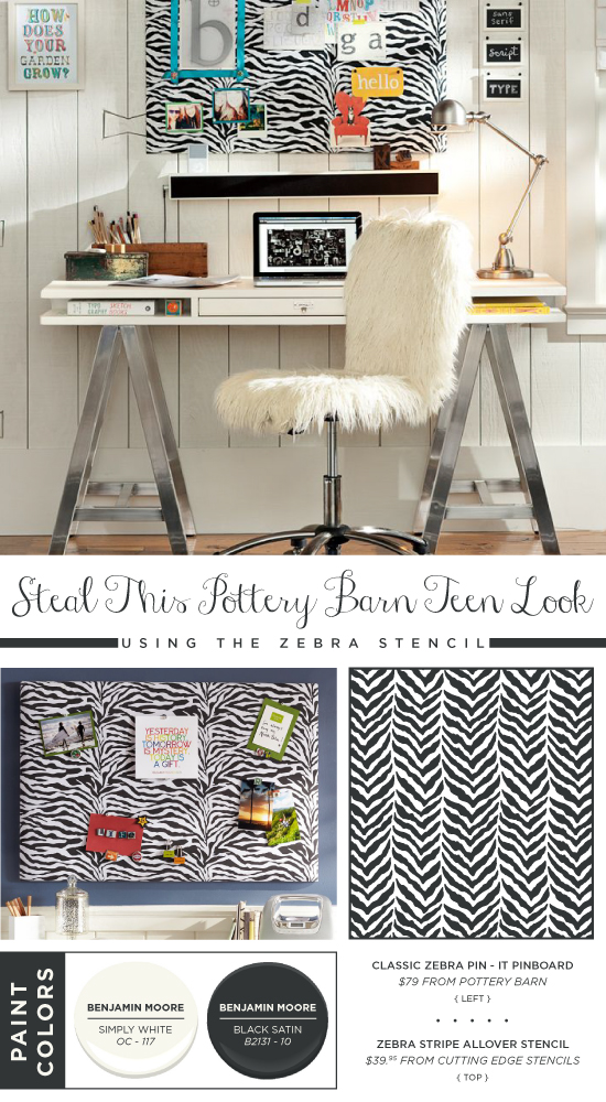 Use the Zebra Allover stencil to recreate this Pottery Barn Teen pinboard as a DIY project. http://www.cuttingedgestencils.com/zebra-stencil-pattern.html