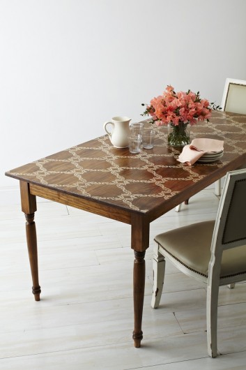 Stenciling a farmtable using the Chelsea Allover pattern.http://www.cuttingedgestencils.com/chelsea-allover-wall-pattern.html