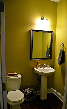 A powder room before its stenciled makeover. http://www.cuttingedgestencils.com/allover-stencil-birch-forest.html