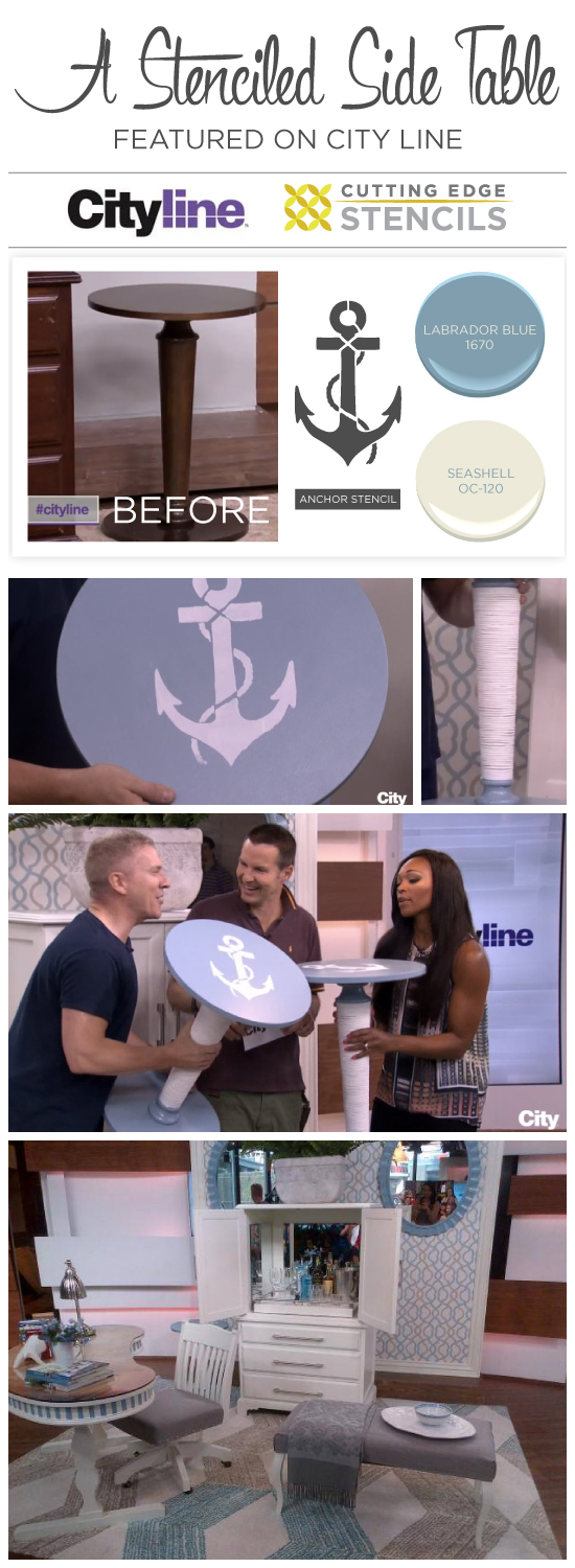 A DIY stenciled side table using the Anchor Stencil. Painted by Colin and Justin on CityLine. http://www.cuttingedgestencils.com/beach-decor-anchor-stencil.html
