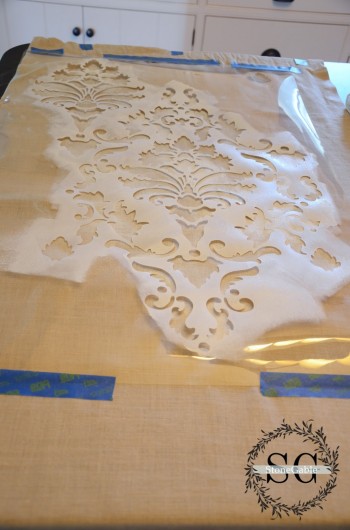 Stenciling the Harmony  Damask pattern on curtains. http://www.cuttingedgestencils.com/acanthus-damask-stencil.html 