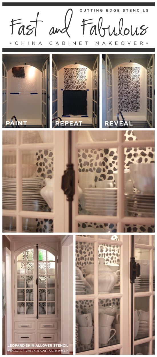 A DIY stenciled china cabinet using the Leopard Skin allover pattern. http://www.cuttingedgestencils.com/leopard-pattern-animal-skin-stencil.html