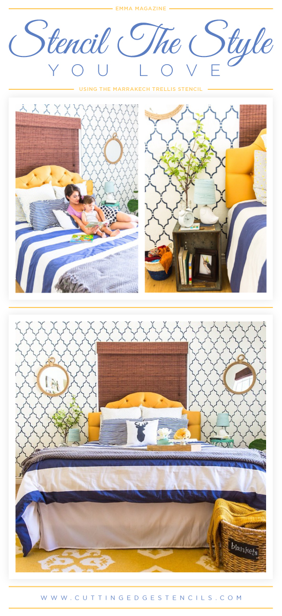 A DIY stenciled master bedroom using the Marrakech Trellis Allover pattern. http://www.cuttingedgestencils.com/moroccan-stencil-marrakech.html