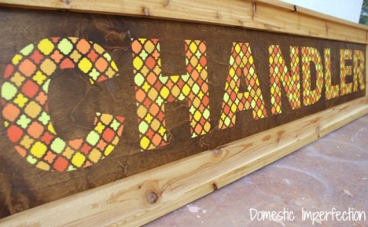 A stenciled nursery sign using the Moroccan Tiles Alphabet Stencils. http://www.cuttingedgestencils.com/moroccan-tiles-letter-alphabet-stencils-for%20walls.html