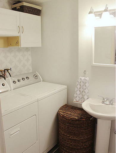 A stenciled accent wall in a laundry room with the Nagoya Allover pattern. http://www.cuttingedgestencils.com/japanese-stencil-nagoya.html