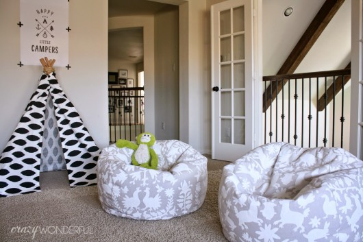 A DIY stenciled beanbag chair using the Otomi Allover stencil pattern. http://www.cuttingedgestencils.com/otomi-tribal-wall-pattern-stencil.html