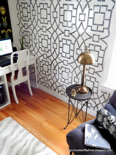A chalkboard stenciled accent wall using the Tea House Trellis allover pattern. http://www.cuttingedgestencils.com/tea-house-trellis-allover-stencil-pattern.html