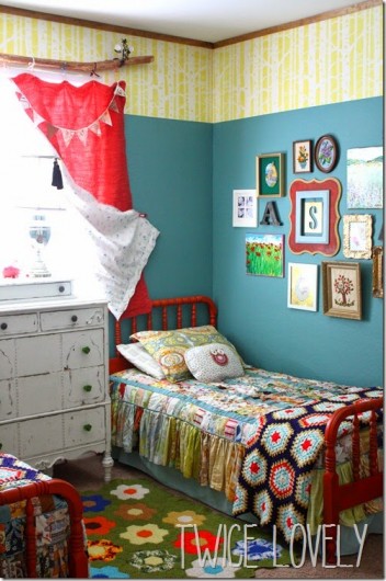 Cutting Edge Stencils shares a Bohemian Woodland themed shared bedroom using the Birch Forest Allover pattern. http://www.cuttingedgestencils.com/allover-stencil-birch-forest.html