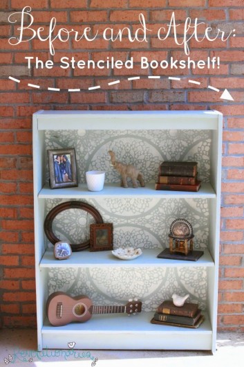 A DIY stenciled bookshelf using the Charlotte Allover lace like stencil. http://www.cuttingedgestencils.com/charlotte-allover-stencil-pattern.html
