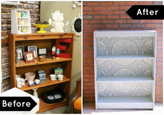 Before and After of a stenciled bookcase using the Charlotte Allover stencil pattern. http://www.cuttingedgestencils.com/charlotte-allover-stencil-pattern.html