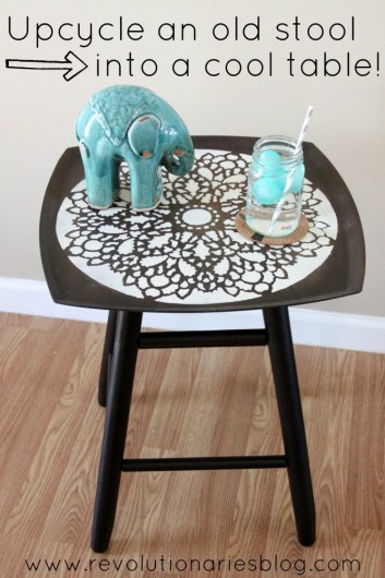 Upcyle an old stool into a stenciled table using the charlotte allover stencil. http://www.cuttingedgestencils.com/charlotte-allover-stencil-pattern.html