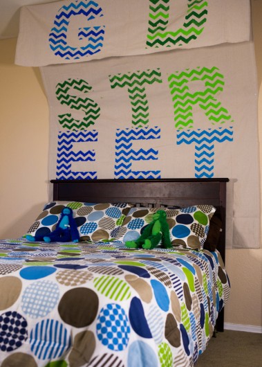 Cutting Edge Stencils shares a DIY stenciled monogramed bed canopy for a kids room. http://www.cuttingedgestencils.com/chevron-letter-stencil-baby-names-for-walls.html