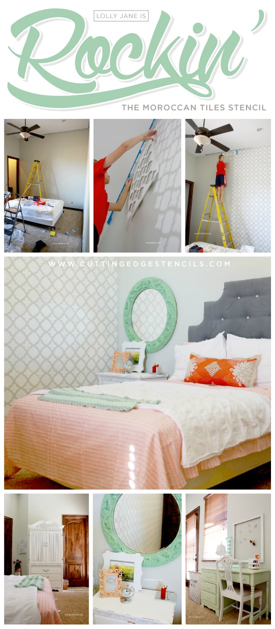 A gray stenciled teen bedroom makeover using the Moroccan Tiles Stencils pattern in Timberwolf by Dutch Boy. http://www.cuttingedgestencils.com/moroccan-tiles-wall-pattern.html
