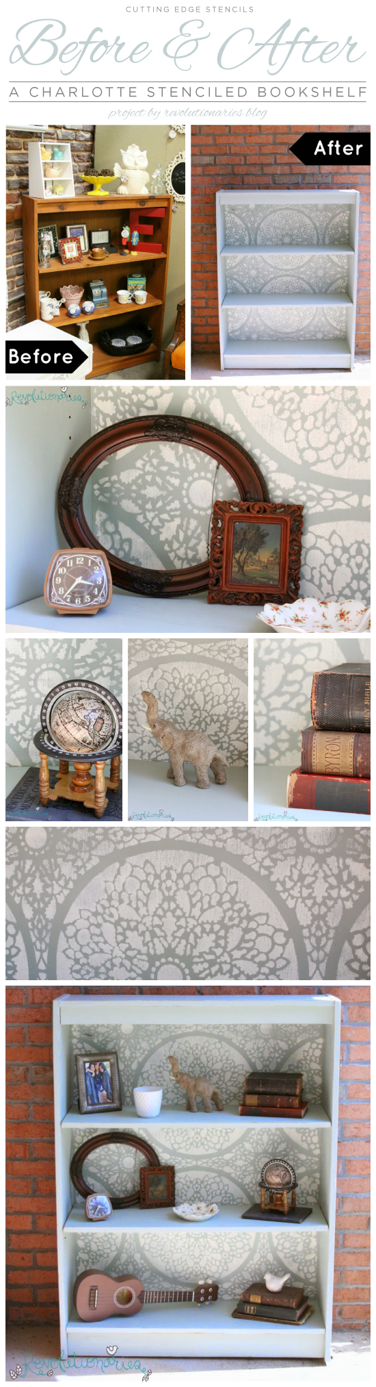 Cutting Edge Stencils shares a DIY stenciled bookshelf using the Charlotte Allover lace like stencil. http://www.cuttingedgestencils.com/charlotte-allover-stencil-pattern.html