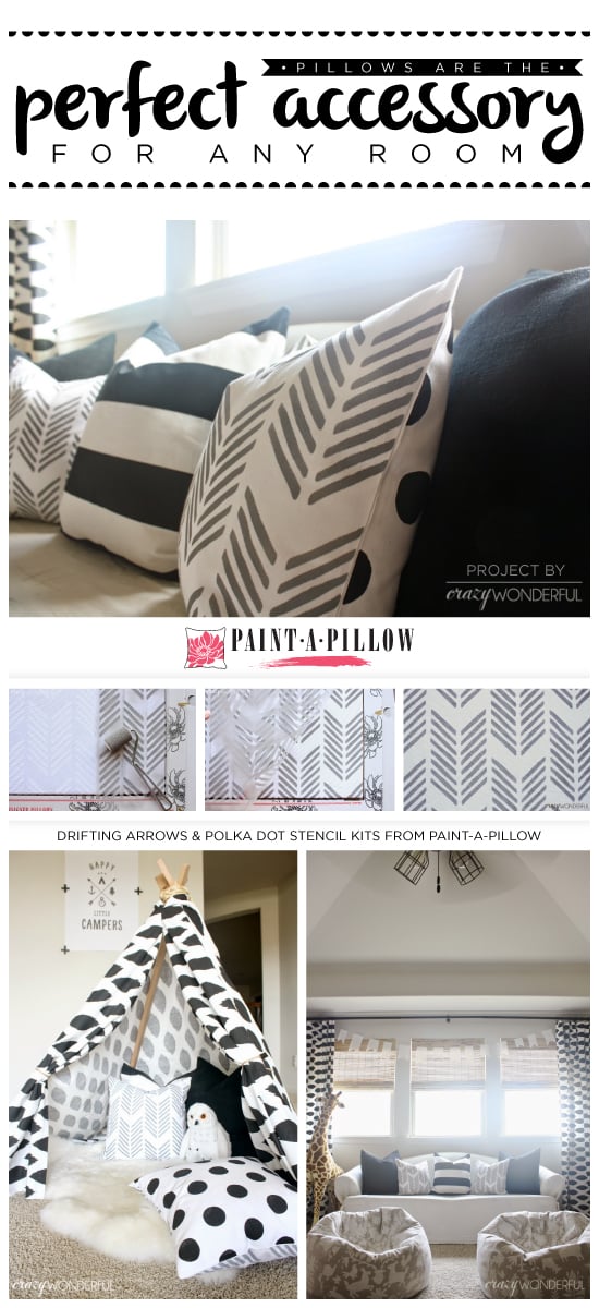 Paint-A-Pillow shares two DIY stenciled pillows using the Drifting Arrows paint-a-pillow kit and Polka Dot stencil pattern. http://paintapillow.com/index.php/drifting-arrows-paint-a-pillow-kit.html
