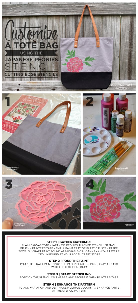 Cutting Edge Stencils shares how to stencil a tote bag using the Japanese Peonies Allover Stencil pattern. http://www.cuttingedgestencils.com/japanese-peonies-floral-stencil-pattern.html