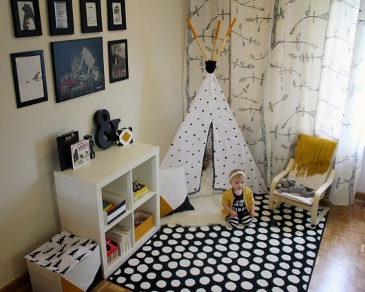 A DIY stenciled teepee for a reading nook using the Little Diamonds Stencil. http://www.cuttingedgestencils.com/little-diamonds-pattern-stencil-for-walls.html