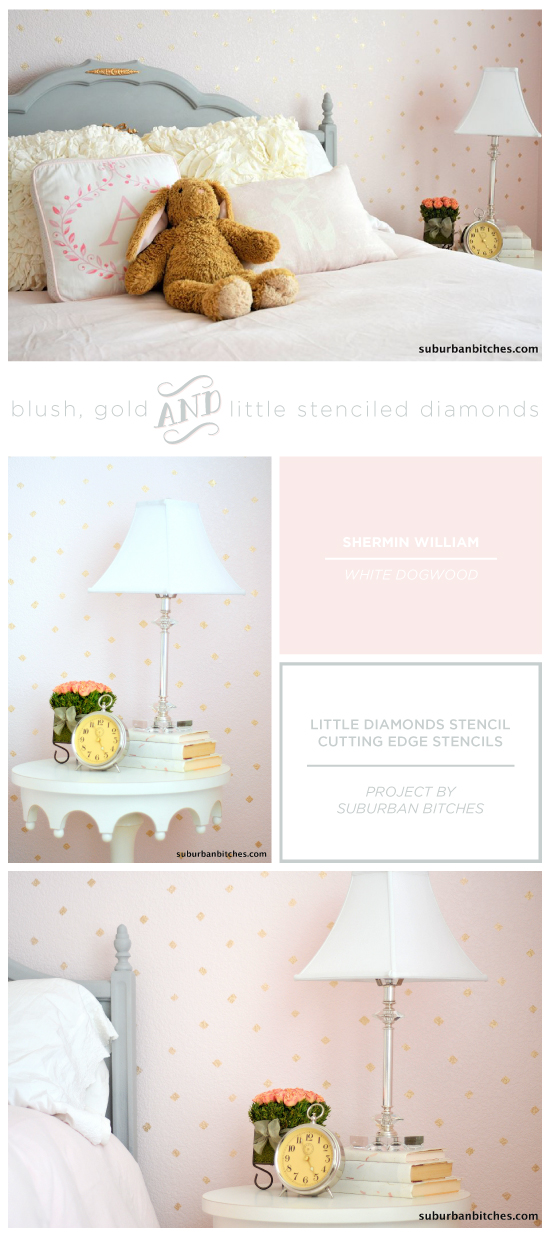 Cutting Edge Stencils shares a DIY blush and gold stenciled little girl's room using the Little Diamonds Allover pattern. http://www.cuttingedgestencils.com/little-diamonds-pattern-stencil-for-walls.html