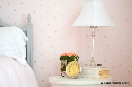 A DIY blush and gold stenciled little girl's room using the Little Diamonds Allover pattern. http://www.cuttingedgestencils.com/little-diamonds-pattern-stencil-for-walls.html