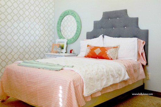 A gray stenciled teen bedroom makeover using the Moroccan Tiles Stencils pattern in Timberwolf by Dutch Boy. http://www.cuttingedgestencils.com/moroccan-tiles-wall-pattern.html