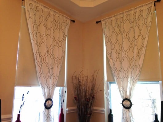 DIY stenciled dining room curtains with the Sophia Trellis stencil and a paint pen. http://www.cuttingedgestencils.com/sophia-trellis-stencil-geometric-wall-pattern.html
