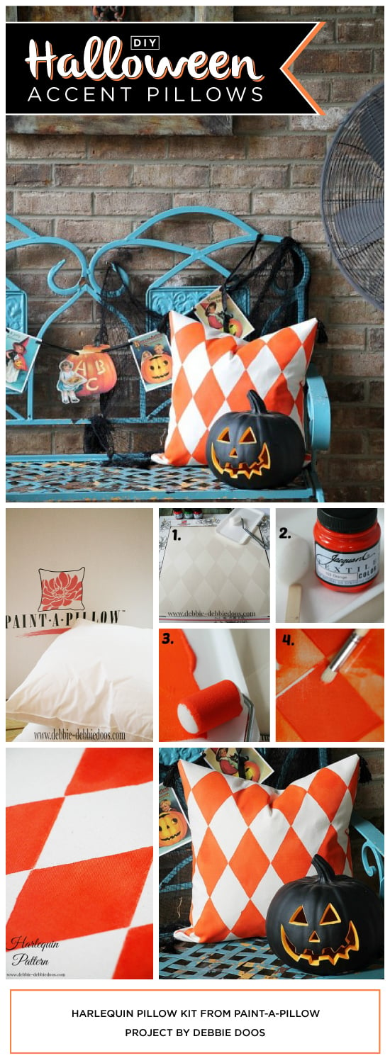 Paint-A-Pillow shares a Halloween DIY stenciled accent pillows using the Harlequin Stencil. http://paintapillow.com/index.php/harlequin-paint-a-pillow-kit.html