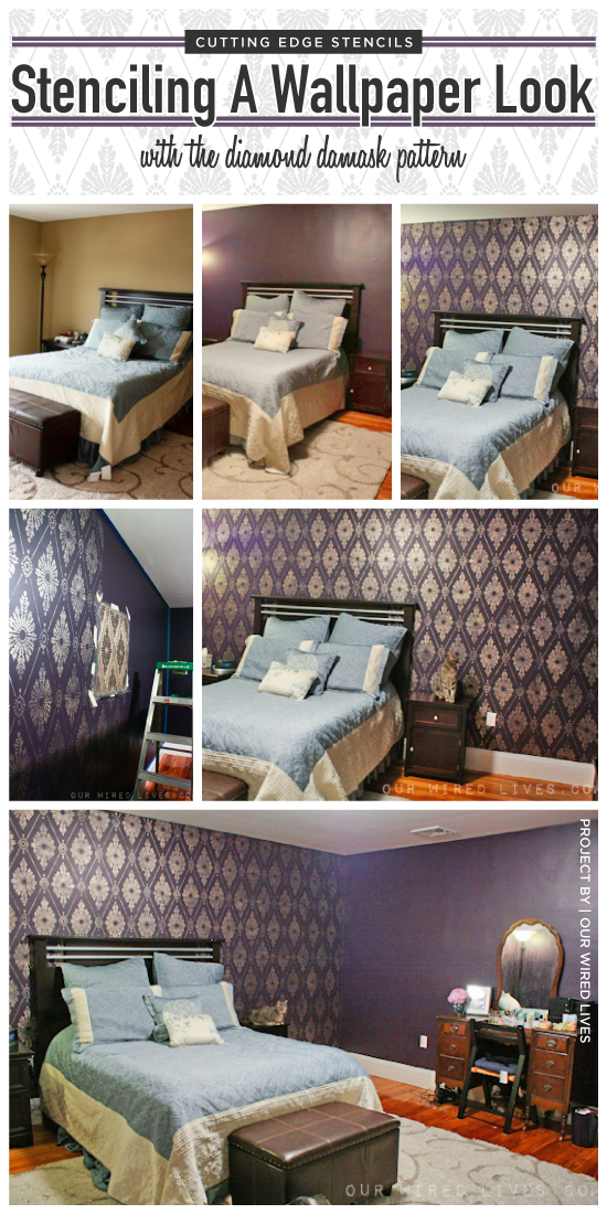 Cutting Edge Stencils shares a DIY stenciled bedroom accent wall using the Diamond Damask stencil. http://www.cuttingedgestencils.com/damask-stencil-pattern.html