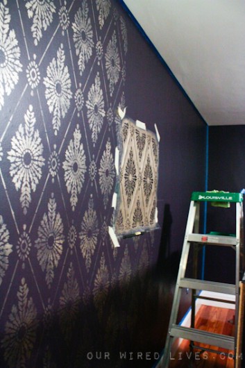 Stenciling the Diamond Damask wall pattern in gold on a bedroom accent wall. http://www.cuttingedgestencils.com/damask-stencil-pattern.html