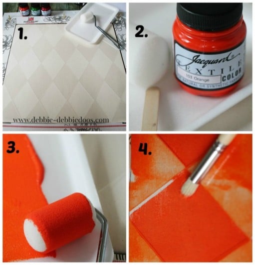 Stenciling Halloween DIY accent pillows using the Harlequin Stencil. http://paintapillow.com/index.php/harlequin-paint-a-pillow-kit.html