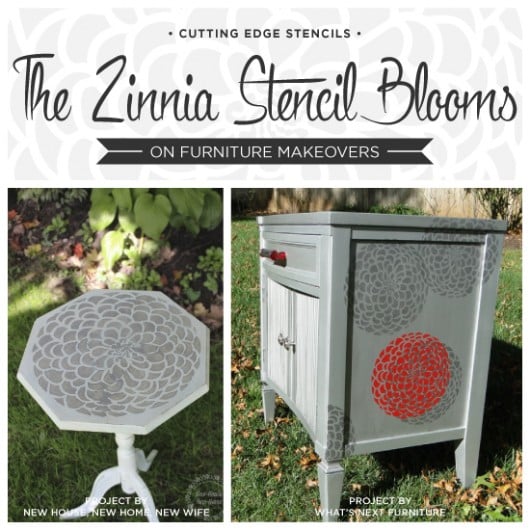 Cutting Edge Stencils shares DIY furniture makeovers using the Zinnia Grande Flower stencil. http://www.cuttingedgestencils.com/flower-stencil-zinnia-wall.html