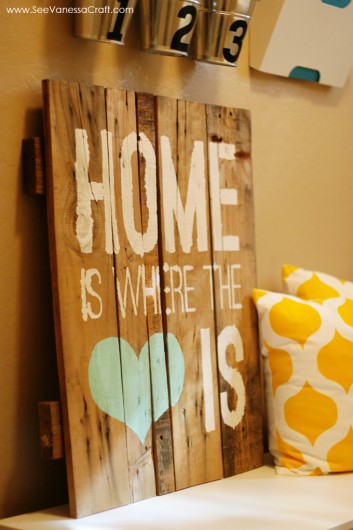 Stenciled wall art using the Home Is Where The Heart Is Stencil. http://www.cuttingedgestencils.com/home-is-wall-quote-stencil.html