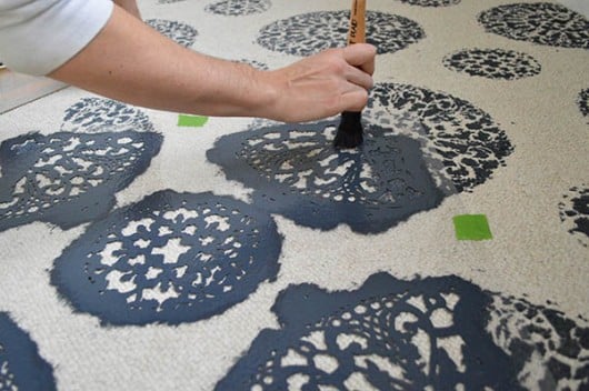 Painting the Antico Allover stencil on a carpet. http://www.cuttingedgestencils.com/antico-allover-wall-pattern.html