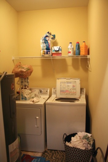Before shot of a laundry room that used the  Herringbone Brick stencil. http://www.cuttingedgestencils.com/herringbone-brick-pattern-stencil-wall-decor.html