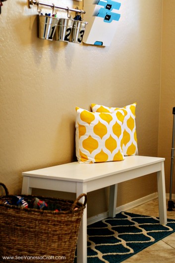 A family command center with Cascade stenciled accent pillows from Paint-A-Pillow. http://paintapillow.com/index.php/cascade-paint-a-pillow-kit.html