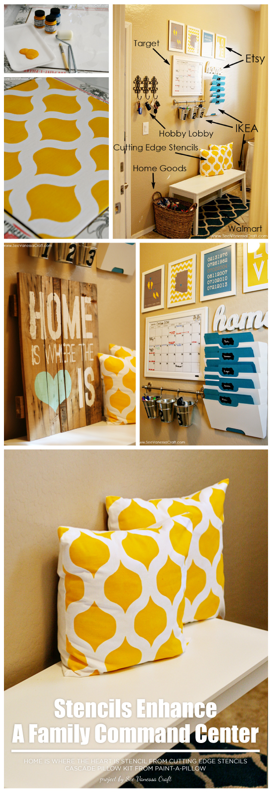A family command center with Cascade stenciled accent pillows from Paint-A-Pillow. http://paintapillow.com/index.php/cascade-paint-a-pillow-kit.html