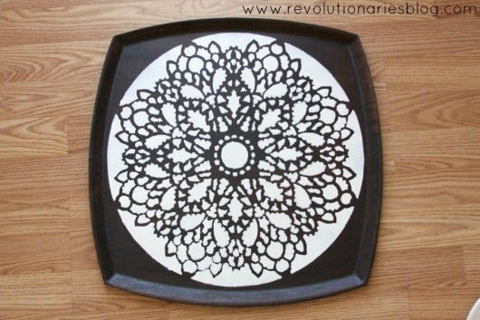 A DIY stenciled tray using the Charlotte Stencil pattenr. http://www.cuttingedgestencils.com/charlotte-allover-stencil-pattern.html