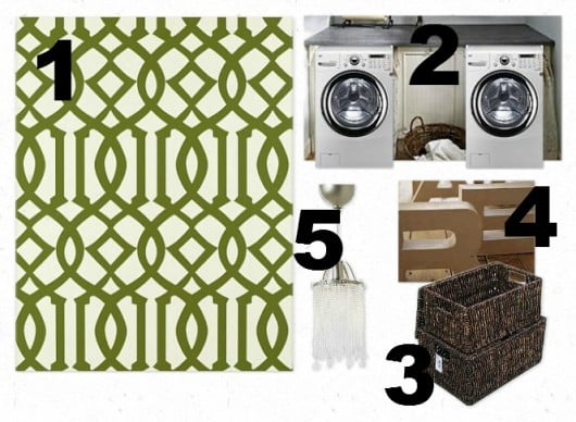 Stenciled laundry room inspiration board featuring the Trellis Allover stencil. http://www.cuttingedgestencils.com/allover-stencil.html
