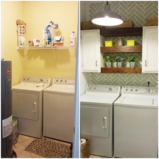 Before and After of a Herringbone Brick stenciled laundry room. http://www.cuttingedgestencils.com/herringbone-brick-pattern-stencil-wall-decor.html
