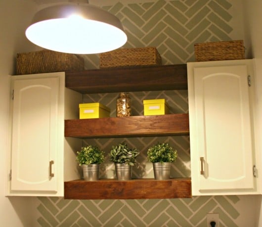 A DIY stenciled laundry room makeover using the Herringbone Brick stencil pattern. http://www.cuttingedgestencils.com/herringbone-brick-pattern-stencil-wall-decor.html