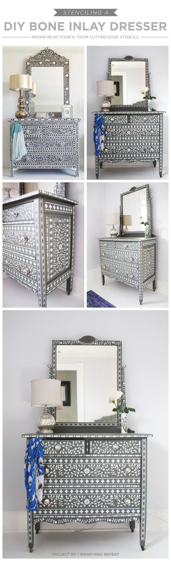 Cutting Edge Stencils shares aDIY stenciled dresser using the Indian Inlay Stencil kit. http://www.cuttingedgestencils.com/indian-inlay-stencil-furniture.html