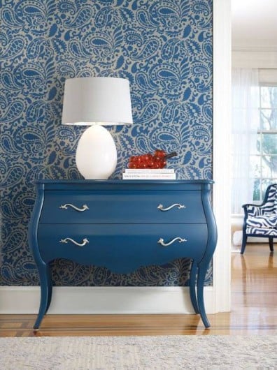 A DIY stenciled accent wall featuring the Paisley Allover stencil in Indigo. http://www.cuttingedgestencils.com/paisley-allover-stencil.html
