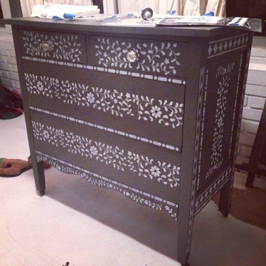 Stenciling a dresser with the Indian Inlay Stencil kit. http://www.cuttingedgestencils.com/indian-inlay-stencil-furniture.html