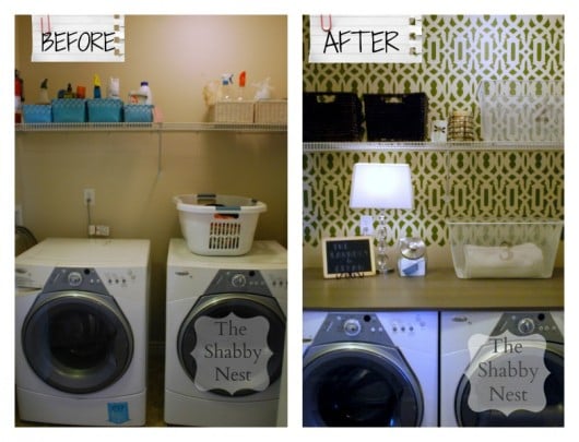 A before and after of a DIY stenciled laundry room featuring the Trellis Allover Stencil. http://www.cuttingedgestencils.com/allover-stencil.html