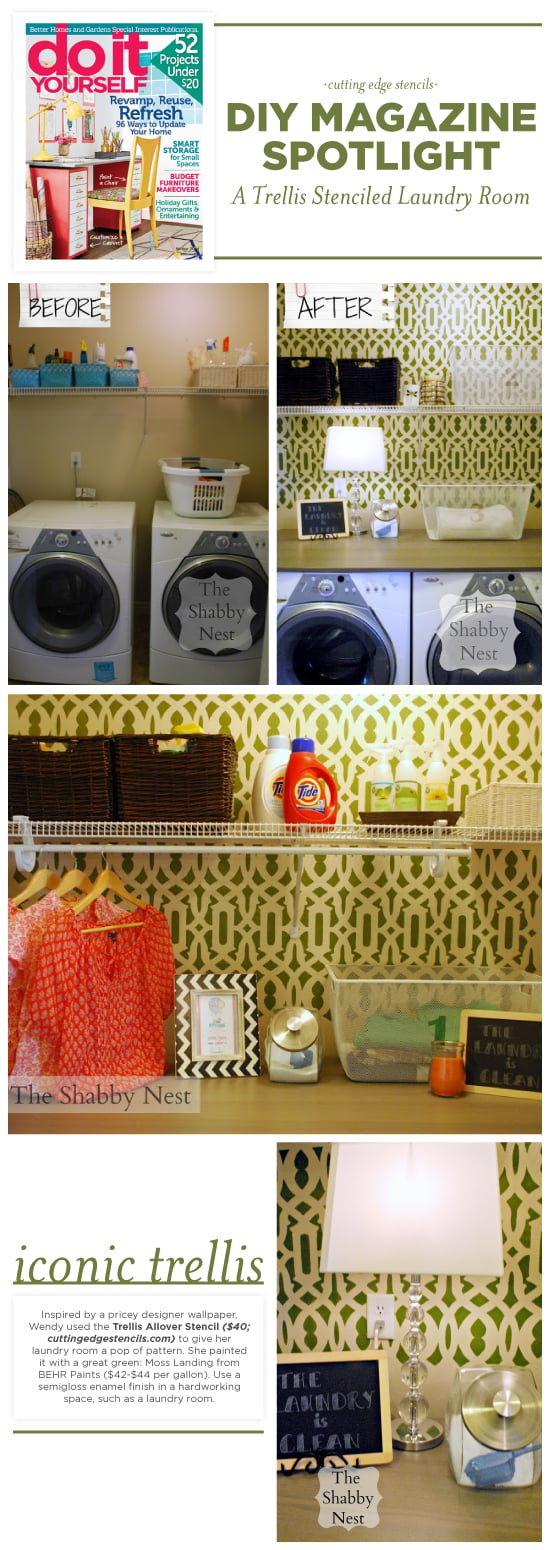 Cutting Edge Stencils shares a stenciled laundry room that was featured in DIY Magazine painted with the Trellis Allover Stencil.  http://www.cuttingedgestencils.com/allover-stencil.html