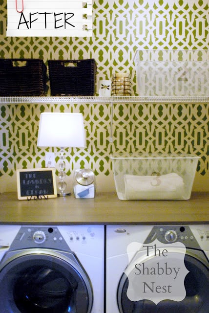A DIY stenciled laundry room featuring the Trellis Allover Stencil. http://www.cuttingedgestencils.com/allover-stencil.html