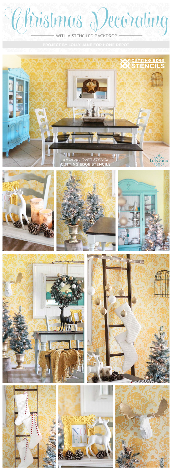 Cutting Edge Stencils shares DIY Christmas decorating ideas for a Julia Allover stenciled dining room. http://www.cuttingedgestencils.com/julia-wall-stencil.html