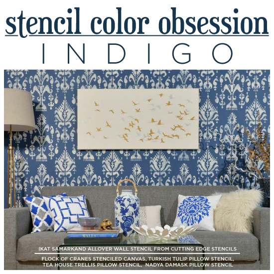 Cutting Edge Stencils shares DIY stenciled home decor ideas in indigo blue. http://www.cuttingedgestencils.com/wall-stencils-stencil-designs.html