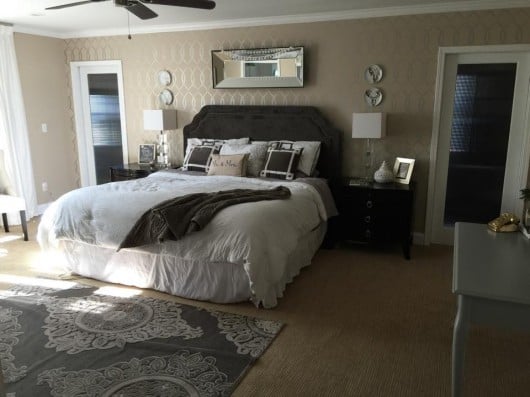 A DIY stenciled bedroom using the Entwined Allover Stencil on an accent wall in metallic silver. http://www.cuttingedgestencils.com/stencil-pattern-2.html
